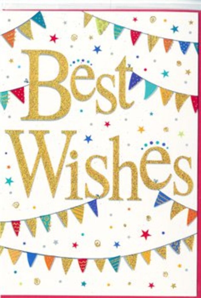 Holding this card in hand is like catching the echo of a neighbourhood celebration: the phrase 'Best Wishes' dominates the centre in a generous sweep of golden glitter, embossed so the letters stand slightly proud of the white stock and shimmer when angled toward the light. Around that central message, strings of bunting form gentle arcs, each pennant painted in jewel-bright hues and tiny, individual patterns - stripes here, polka dots there, a mosaic of miniature shapes that make the whole design feel lovingly handcrafted. Scattered across the card are miniature stars and confetti dots, rendered with a lightness that suggests motion and levity, as if a late-summer breeze at a Harringay garden gathering had sent celebratory pieces fluttering across a table. The paper has a subtle weight and tooth, the glitter has a faint granular texture you can just feel with a fingertip, and the soft shadows from the embossing give the composition depth and a calming warmth. I often imagine tucking a card like this into a hand-tied bunch destined for a home on Green Lanes or a new flat near Duckett's Common - it's ideal for congratulations, farewells, or any occasion where you want to send bright encouragement. The mood is jubilant without being gaudy, refined yet affectionate, as if the whole street conspired to offer its best wishes through colour, sparkle and a simple, sincere message.