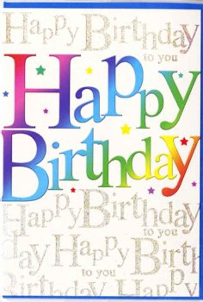 In this richly detailed birthday card, the design captures the same joyful spirit as a bright bouquet picked up from a Harringay side street on the way to a party. The central focus is the phrase Happy Birthday, written in wide, bold letters that command attention without feeling heavy. Each letter carries a smooth, graduated rainbow wash, starting in deep, juicy reds and raspberry pinks at one edge, drifting into warm apricots and golden yellows, and then cooling gracefully into leafy greens, aqua, and vivid cobalt blues. The blending is soft and painterly, like colours brushed across high-quality card stock, giving the impression of movement-as though a swirl of colour has been frozen mid-celebration. Behind this statement text, the background is filled with graceful lines of Happy Birthday to you repeating in an elegant, gold cursive script, the strokes fine and slightly shimmering. The gold has a subtle glittery finish that twinkles when the card catches the light, reminiscent of fairy lights strung in a garden off Green Lanes on a summer evening. Here and there, small accents-tiny stars, specks, and confetti-like dots in matching rainbow hues-dot the space around the main message, adding a sense of energy and spontaneity without clutter. The overall layout is clean, with generous breathing room around the edges, so the design feels airy rather than crowded. It's the kind of card a local Harringay florist might choose to accompany a fresh, colourful arrangement, perfect for same-day birthday surprises that feel heartfelt, modern, and joyfully personal.