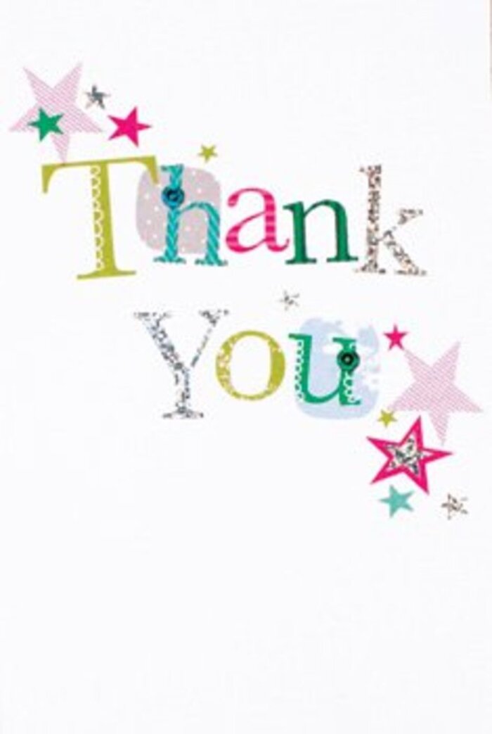There is a poised exuberance to this thank you card that feels at once playful and refined. The message unfolds across the surface in letters of lime green, fuchsia and cool blue, punctuated by sunny yellow and deep cerulean accents; some characters are sprinkled with polka dots, others edged with tiny stitched motifs that suggest a handcrafted atelier. A silvery glimmer kisses several letters, producing a subtle metallic shimmer that shifts with the light, while an array of small stars-striped pink, deep turquoise, soft magenta and minty teal-cluster and scatter as if tracing a small galaxy of gratitude. The white field behind these elements is crisp and generous, lending a modern, airy composition where each colour and texture has room to breathe. As a florist accustomed to dressing bouquets for parties and thank-you deliveries in Harringay and the surrounding streets, I see this card as an elegant complement to a seasonal bunch: it mirrors ribbon textures and the playful contrast of mixed blooms, without overpowering them. The tone is celebratory but not loud, intimate yet public enough for any occasion-from a neighbour's kindness to a thoughtful teacher gift-and it makes the act of saying thanks feel both tactile and memorable: a small, sparkling keepsake to tuck into a vase or pass along on the doorstep.