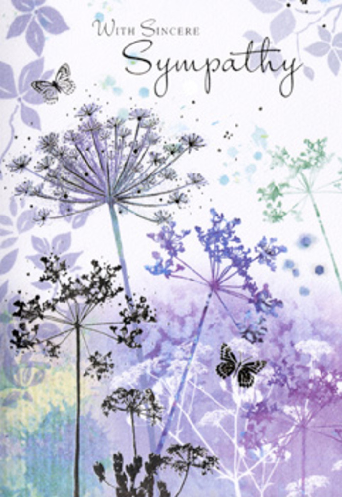 The inside of this funeral and sympathy card offers a soothing landscape of stylised wildflowers, the kind of scene you might glimpse on a still, overcast day near Harringay's Ladder streets. Slender stems rise gracefully from a soft, clouded base, each topped with airy, umbrella-like clusters of tiny florets. The flowers are drawn in a palette of gentle lavenders, muted mauves, and pale blue-greens, with touches of soft grey that lend a slightly silvery sheen, as though the plants are bathed in early morning light. Their outlines are delicate and slightly irregular, echoing the natural variation of meadow plants that spring up along local paths and canal banks. Behind them, a loose watercolour wash drifts across the card in subtle gradients of purple and green, overlapping like thin layers of mist. No hard edges cut through the scene; instead, the pigments softly bleed into one another, creating a floating, dreamlike backdrop. Among the stems, small butterflies appear, little more than translucent shapes with a hint of colour, suggesting gentle movement and continuity. The overall tone is hushed, contemplative, and respectful-nothing feels bold or demanding. As someone who arranges flowers to honour loved ones here in Harringay, I see in this design the same quiet strength I notice in seasonal foliage and wild blooms that return each year in front gardens off Green Lanes. This card feels like a visual whisper of condolence, appropriate for sending to friends and family across Harringay when they are navigating grief. It offers a sense of calm companionship, as if standing together in a quiet field, remembering, without the need for many words.