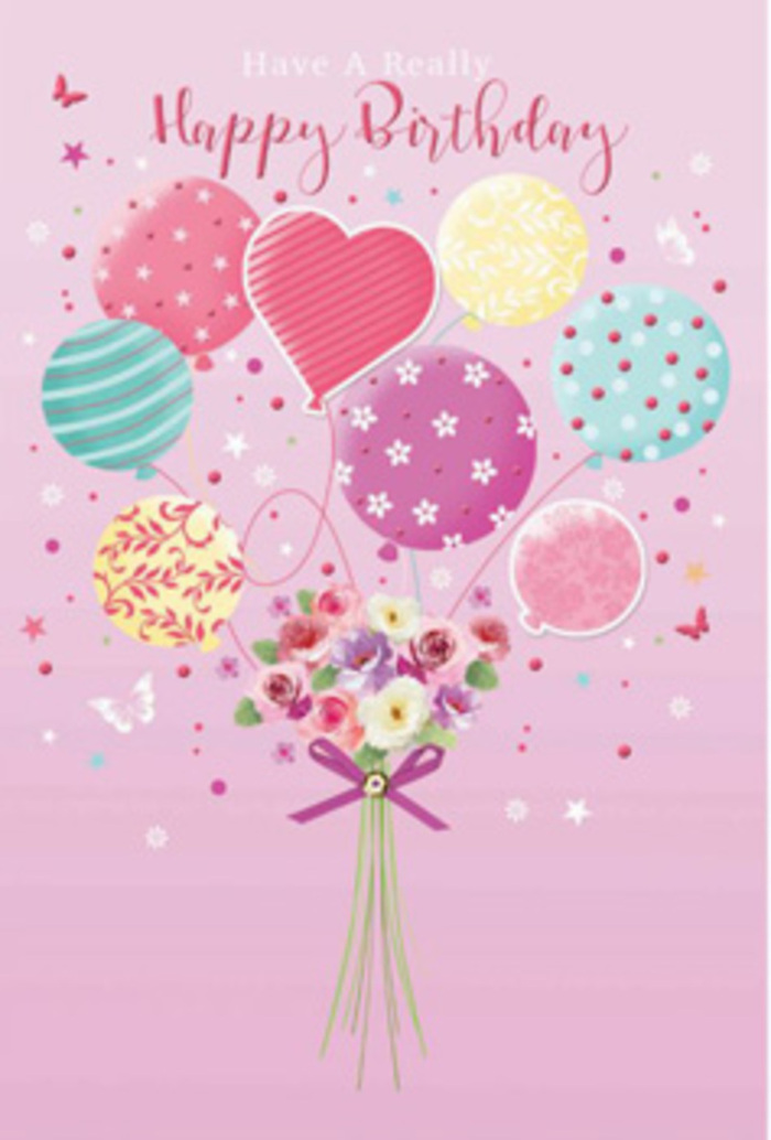 Detailed birthday card illustration featuring a bouquet of pastel balloons and flowers, evoking the feeling of a light-hearted celebration in Harringay. The background is a smooth, soft pink wash that sets a serene and cheerful stage, similar to the pastel shopfront reflections you might see along Green Lanes on a sunny afternoon. At the base, a small but abundant hand-tied bouquet anchors the design, composed of petite roses and soft, daisy-like blossoms. Their petals are depicted in creamy ivory, blush pink, and hints of lavender, with subtle shading that makes them appear almost touchable and freshly opened, as though they were just arranged on a florist's workbench behind a Harringay shop window. The stems are gathered together with a rich violet satin bow, tied in a neat, glimmering knot that suggests careful craftsmanship and attention to detail. Rising from this bouquet, slender strings lead to a cluster of floating balloons that form the centerpiece of the artwork. Each balloon is painted in gentle pastel tones-rosy fuchsia, pale sunshine yellow, seafoam, and lilac-and decorated with joyful patterns: candy stripes twisting around the curves, playful polka dots bouncing across the surface, and delicate swirl designs that echo curling ribbon. A heart-shaped balloon sits near the centre, radiating a sense of love and birthday affection. Around the bouquet and balloons, tiny stars and a few whimsical butterflies hover, as if caught in a breeze drifting up from nearby Finsbury Park. Soft light bathes the entire composition, enhancing the glossy sheen of the balloons and the natural glow of the petals, giving the impression of a joyous, carefully curated birthday moment ready to be shared with someone special in Harringay.