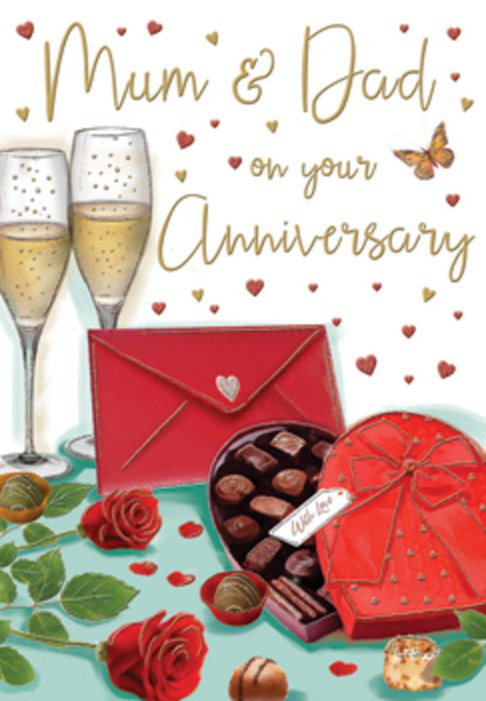 Luxurious anniversary card artwork showing a carefully curated scene of romance, perfectly suited to a special evening in Harringay. The focal point is a pair of slim, elegant champagne flutes, placed close enough that their bases nearly touch, suggesting the presence of two people celebrating side by side. Each glass shimmers with a pale golden drink, tiny bubbles clustering in ribbons that catch the light like small sparks of joy. In front of the glasses, an open heart-shaped chocolate box reveals rows of glossy truffles, each nestled in its own compartment. The box is wrapped in a rich scarlet ribbon, tied into a sumptuous bow whose loops and tails drape gracefully, echoing the curves of the heart shape. To one side of the composition lie two red roses, their petals rendered in intense crimson tones, layered so deeply that you can almost feel their soft, velvety surface. Their rich colour contrasts against the fresh, cool green of surrounding leaves, resembling a freshly arranged bouquet you might collect from a Harringay florist just off Green Lanes. A handful of scattered chocolates, along with subtle golden sparkles, bring a sense of indulgence and celebration, like the finishing touches to a table set for an anniversary dinner at home. Above and around the central objects, delicate gold and red hearts float across a light background, gently framing hand-lettered anniversary greetings. At the front, a deep red envelope rests on the table, sealed and slightly tilted, as if it has just been placed there after being written with loving words. Soft, warm lighting bathes the whole scene in a romantic glow, suggesting early evening shadows and quiet laughter. Together, the roses, chocolates, champagne, and card form a tender visual story of devotion and shared memories in Harringay.