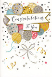 This congratulations card looks like a moment of celebration suspended in time, echoing the spirit of Harringay gatherings where joy feels both vibrant and sincere. The main image is a rounded bouquet of illustrated balloons, layered to create a soft sense of depth, as if they are gently leaning into one another. Their colours are beautifully restrained yet festive: muted gold, gleaming silver, pale champagne, cloudlike sky blue, and romantic blush pink. Each balloon carries its own decorative personality-some are speckled with tiny metallic stars, others traced with fine glittering lines or crisp stripes, while a few have scattered dots that catch the light. Together, they form a sparkling cluster that suggests an intimate party rather than a loud crowd, like a close-knit celebration on a Harringay Ladder balcony. Slender strings drop from each balloon, drawn in glinting gold and silver, curling and entwining near the base to give the design a sense of gentle tethering. Around this central bouquet, floating stars and loose curls of ribbon drift across a soft, neutral background, mimicking the movement of confetti in the air after a heartfelt toast at a local restaurant near Green Lanes or Turnpike Lane. Across the centre of the balloon cluster, a graceful banner unfurls, its edges subtly highlighted. The message Congratulations To You is written in well-balanced, cursive script that feels polished yet warmly personal, like a note chosen with real care. As a local florist used to pairing such cards with celebratory arrangements for exam successes, job promotions, and new ventures throughout Harringay and nearby Manor House, I can almost feel the smooth, semi-gloss finish and faint texture of glitter under the fingers-an understated yet radiant tribute to someone's proudest moment.