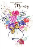 This illustrated Mother's Day card captures the spirit of a freshly arranged bouquet, translated into flowing watercolour. A cluster of stylised flowers bursts from a softly painted vase at the base of the design, its curved form suggested with pale washes of colour and tied with a refined golden bow. The blooms themselves glow in rich cerise, raspberry pink, and warm red tones, each petal lightly edged in deep indigo to keep the loose, fluid painting grounded. Between these warmer flowers, gentle strokes of blue and lavender provide breathing space, echoing the soothing calm of an early spring morning along Harringay's side streets. Little hints of apricot, soft peach, and fresh chartreuse peek through, evoking tender new growth. Fine golden highlights skim over select petals and leaves, adding a hint of shimmer that mimics sunlight touching freshly delivered flowers on a windowsill. Around the bouquet, sprinkles of paint and scattered heart shapes drift across the clean white background, like petals scattered on a table after arranging, or confetti after a small family celebration. The composition feels airy yet cherishing, with the flowers slightly fanning out as though they are being presented to a beloved mum. It has the gentle spontaneity of a design conceived by a local florist familiar with Harringay homes and gardens, where colour and comfort matter in equal measure. The image invites you to imagine the delicate rustle of tissue paper, the soft scent of a spring bouquet, and the quiet words of thanks that this card is meant to carry between generations.