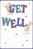 The vibrant get well card at hand radiates joy and a childlike sense of hope, brought vividly to life by two charming figures-a fuzzy teddy bear and a floppy-eared puppy-who together cradle and balance the large, colorful letters spelling 'Get Well.' Indigo and teal hues dance across the bold text, gleaming against a soft, creamy backdrop that brings to mind the inviting calm after rain along Harringay's leafy lanes. Sprinkles of stars shimmer overhead in various shades of purple and blue, infusing the composition with an almost magical anticipation of brighter days. The illustrated fur, with its tactile strokes, hints at gentle cuddles and comfort, much like a hand-delivered bouquet arranged to lift the spirits of a friend recovering in Harringay. The whole scene is suffused with warmth and optimism, reminding us how heartfelt gestures-a cheerful card, a fragrant posy-can heal and reassure. This card offers more than a simple sentiment; it's a small but powerful expression of kindness, crafted with the same delight and expert care that local florists devote to their freshest floral creations.