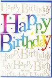 This birthday card design feels like a burst of happiness, the paper equivalent of walking into a bright Harringay shop filled with balloons and flowers. The central message, Happy Birthday, stretches across the front in big, confident letters, each one flowing through a lush gradient of colour-starting with rich cherry reds and rosy pinks, slipping into tangerine and lemon tones, and cooling into fresh greens and deep sky blues. The transitions between colours are velvety and seamless, making the words look as though they were painted in one continuous sweep of a rainbow brush. The letters are crisply defined and slightly glossy, so they stand out in gentle relief from the background. Behind them, the entire surface is softly layered with the phrase Happy Birthday to you repeated in a delicate, looping gold script. This background text glimmers with fine, glitter-like highlights that catch and release the light in different places, recalling the way late afternoon sun reflects off passing cars on Green Lanes. Subtle decorative touches-tiny, colourful stars and confetti dots scattered around the main phrase-introduce a playful, party-ready feel without overwhelming the design. The base card tone remains light and neutral, allowing the rainbow lettering and gold script to take centre stage. The effect is festive yet refined, like a carefully curated birthday display in a neighbourhood florist's window, ready to be paired with a vibrant bouquet for same-day delivery around Harringay to mark a birthday with genuine, sparkling cheer.