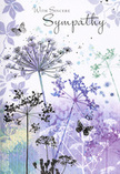 Opening this sympathy card reveals a gentle, almost whispered illustration, composed like a calm corner of greenery tucked behind the houses of Harringay. A cluster of tall, fine-stemmed wildflowers rises from the bottom edge, each stem delicately curved, topped with light, umbelliferous heads that spread out like tiny fireworks paused in mid-bloom. The flowers are painted in cool, soothing tones-shades of lavender, light indigo, misty purple, and muted blue-grey-interwoven with touches of soft, silvery green. The colours blend into one another in a breezy watercolour style, forming a background that feels like distant, blurred foliage seen through morning mist. No single bloom dominates; instead, they lean and overlap shyly, suggesting a small meadow stirred by the faintest breeze. Floating among the blooms, almost weightless, are a few butterflies with translucent, softly tinted wings, their outlines barely defined, hinting at transformation and the quiet presence of memory. The light within the artwork is diffuse, with no harsh contrast, as though the scene is lit by a calm sky on an overcast day. There is a deep sense of space and stillness, much like the quiet moments you find walking away from the bustle of Green Lanes and into a peaceful back street or garden. As a florist who often helps families in Harringay choose flowers to say goodbye, I recognise in this card's design a respectful, understated comfort. It feels like a visual embrace for someone grieving-a way to send heartfelt sympathy that honours the person lost while gently supporting those left behind.