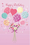 Softly romantic birthday card illustration showing a pastel balloon bouquet lifting a charming cluster of flowers, described with the sensitivity of a Harringay florist guiding a customer by phone. The scene unfolds on a gentle pink background, like the warm blush of evening skies above Harringay rooftops. At the lower centre, a dainty hand-tied bouquet forms the grounding point of the design, brimming with delicate roses and anemone-like blossoms. Their colours shift gracefully from creamy ivory and blush pink to muted mauve, with petals portrayed as feathery and full, suggesting a light, comforting fragrance much like fresh blooms in a local Harringay living room. A smooth violet satin bow wraps around the gathered stems, its polished, ribboned loops adding an elegant finishing touch. From this bouquet, slim strings drift upward, connecting to an airy cluster of pastel balloons that seem ready to float away toward the clouds. Each balloon expresses a different mood: some twist with candy-coloured stripes, others are sprinkled with jolly polka dots, and one prominent heart-shaped balloon at the centre radiates warmth and affection. Shades of rose, teal, lemon, and lavender mingle harmoniously, echoing the diverse, colourful spirit of the Harringay community. Around the arrangement, tiny stars and light, fluttering butterflies introduce a hint of storybook wonder, like confetti suspended in time. The overall lighting is soft and luminous, catching tiny highlights on the balloon surfaces and tracing gentle edges along each blossom. The composition feels airy, sweet, and perfectly festive, capturing the magic of a birthday celebration that might be shared among friends in a cosy Harringay home.
