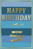 This birthday card presents a graceful harmony of blue and gold, reminiscent of a tranquil afternoon around Harringay's tree-lined streets. Its background is made of broad, horizontal blue bands that transition smoothly from pale, sky-like tones near the top through mellow teal and deeper ocean hues, finishing with a strong navy stripe at the base. The effect is soothing and layered, as though you are looking across calm water under a clear London sky. Centered on this serene backdrop, the words HAPPY BIRTHDAY are embossed in tall, capital letters of glimmering metallic gold. The lettering is crisp and prominent, standing slightly proud of the card's surface so that each letter catches light and creates a subtle play of highlights and shadows. Just beneath the greeting, a classic golden flourish spans the width of the design, its gentle curls and loops evoking elegant stationery or a cherished keepsake card from years past. Below that, three slim golden banners are evenly aligned, each bearing part of a warm, easygoing wish: Relax, have a great day and enjoy! These ribbons, also finished in reflective gold, offer both texture and emphasis, inviting the recipient to pause and take the message to heart. A narrow gold border runs around the edge, tying every element into a cohesive frame. It is easy to picture this card propped beside a birthday bouquet on a Harringay kitchen table, perhaps near Turnpike Lane, the gold details glinting softly in the light while the layered blues lend a sense of calm, thoughtful joy to the celebration.