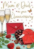 Elegant anniversary card illustration that captures the warmth of a shared celebration, like an intimate moment in a Harringay home after dusk. The scene centres on two tall champagne flutes, perfectly matched and standing close, their clear glass filled with luminous golden fizz. Fine bubbles rise delicately, frozen in mid-lift as though just before a heartfelt toast between partners. In front of the glasses sits a heart-shaped box of chocolates, its lid open to reveal meticulously arranged truffles, each piece shining with a subtle, tempting sheen. A wide, satin-style red ribbon wraps around the box and forms a generous bow, the folds and tails of the bow echoing the softness of fabric on a carefully laid table. To one side, two plush red roses rest on a surface shaded in warm neutrals, their velvety petals layered in rich ruby tones and framed by fresh green foliage, reminiscent of a hand-tied bouquet from a nearby Harringay florist. Scattered chocolates and tiny golden reflections add a playful sense of abundance, like little treasures discovered after an anniversary dinner. Floating gently around the main elements, small crimson and gold hearts drift across the background, framing graceful, hand-lettered anniversary wishes designed for a loving couple. At the front, a vivid scarlet envelope lies slightly askew, its sealed flap suggesting a private, heartfelt message tucked safely inside, perhaps written after a walk through local streets near Finsbury Park. The lighting is soft and enveloping, blending the reds, golds, and greens into a harmonious palette that feels indulgent yet deeply comforting. Overall, the card's composition portrays an atmosphere of long-lasting love, appreciation, and the quiet joy of celebrating another year together in Harringay.